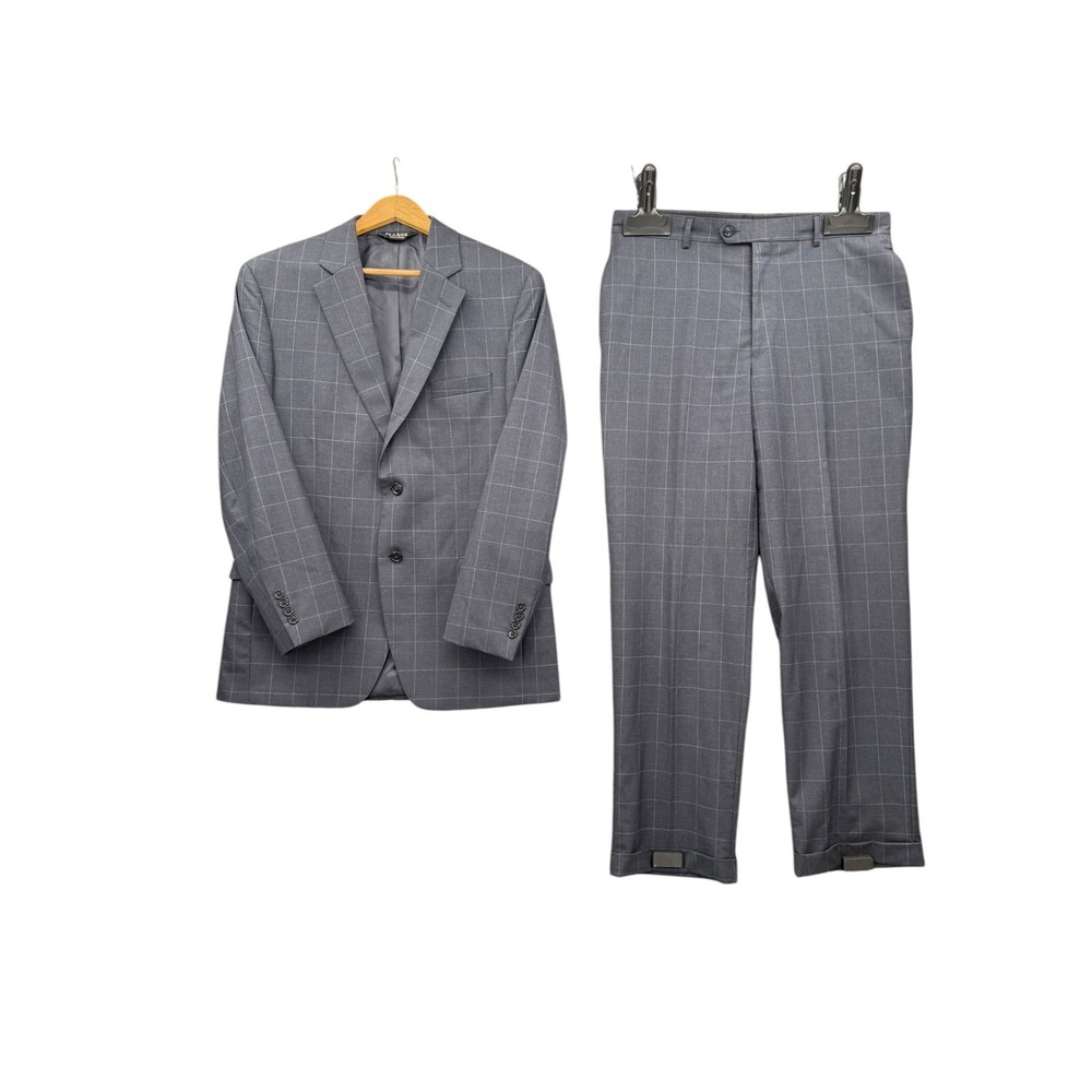 Jos A Bank Gordon Suit 42R Gray Windowpane Wool 2 Piece Mens Dress Suit Pants 34